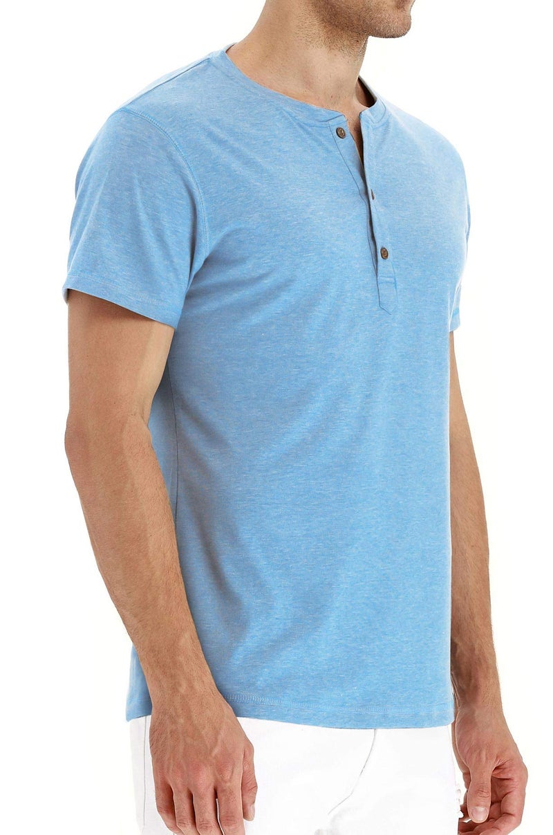 PEGENO Men's Fashion Casual Front Placket Short/Long Sleeve Henley T-Shirts Cotton Shirts (US Large, A11 Light Blue) - Image 2